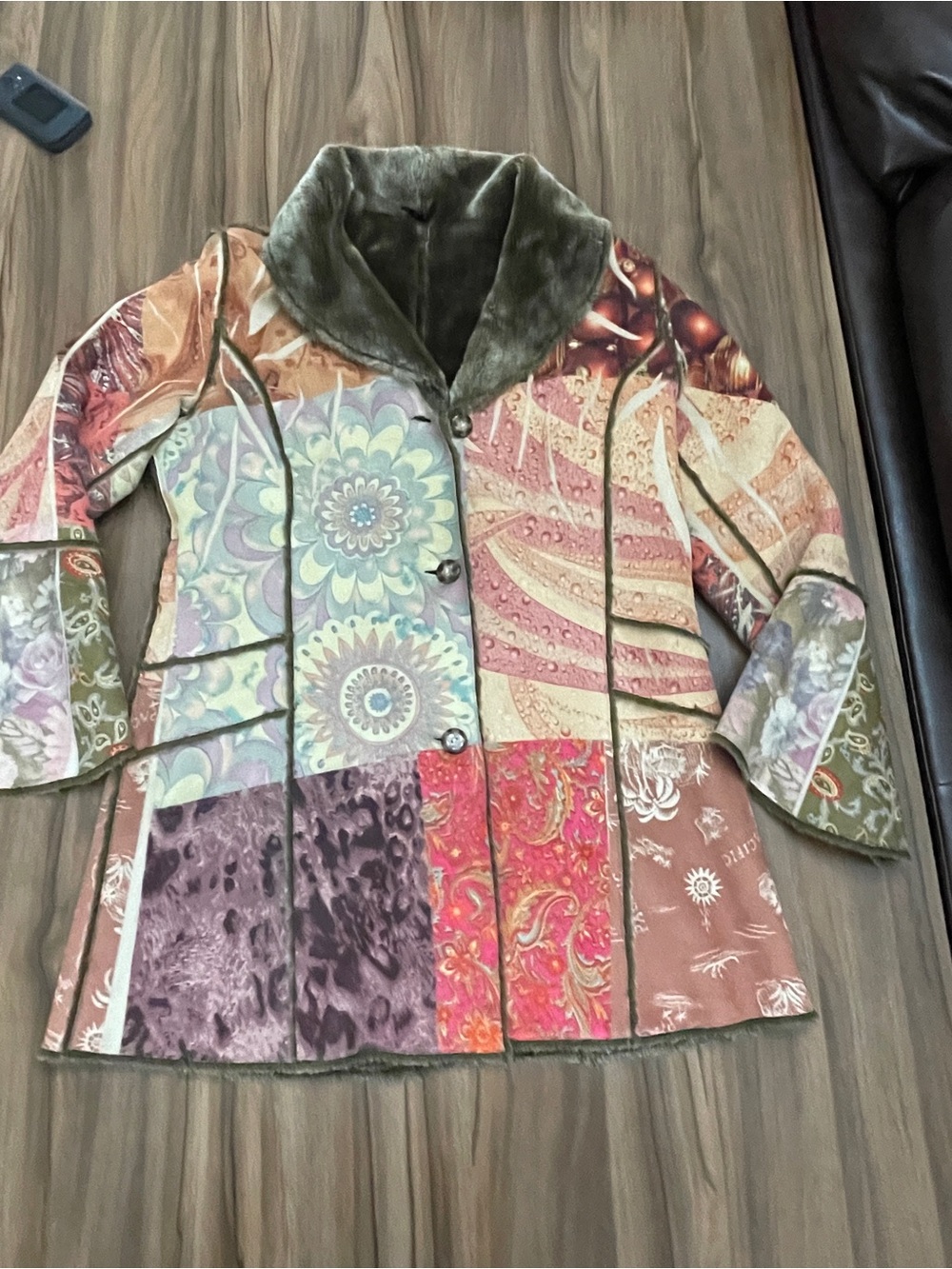 Lapis Patchwork Floral & Paisley Mix Faux Fur Collar Lined Bell Sleeve Coat L